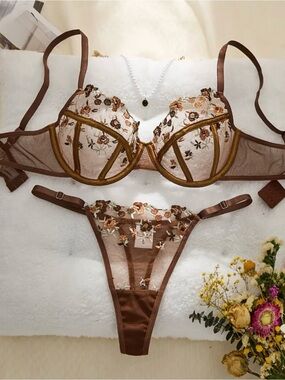 Brown Embroidered Lace Balconette Bra & Thong Set - Brown